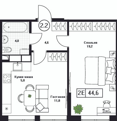 2 ккв (Евро) 44,6 м²