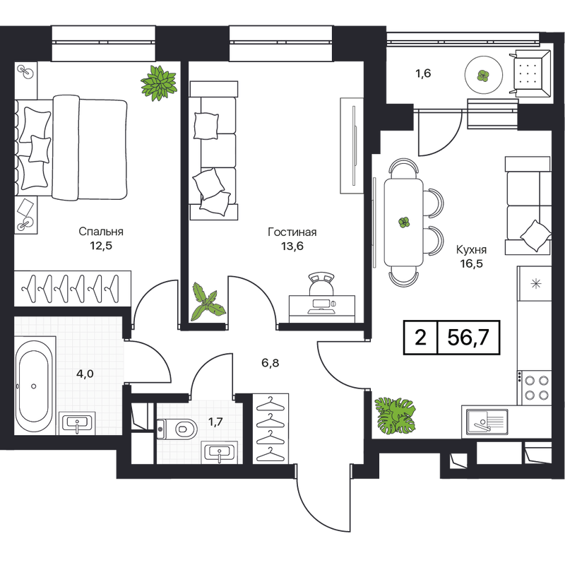 3 ккв (Евро) 56,5 м²