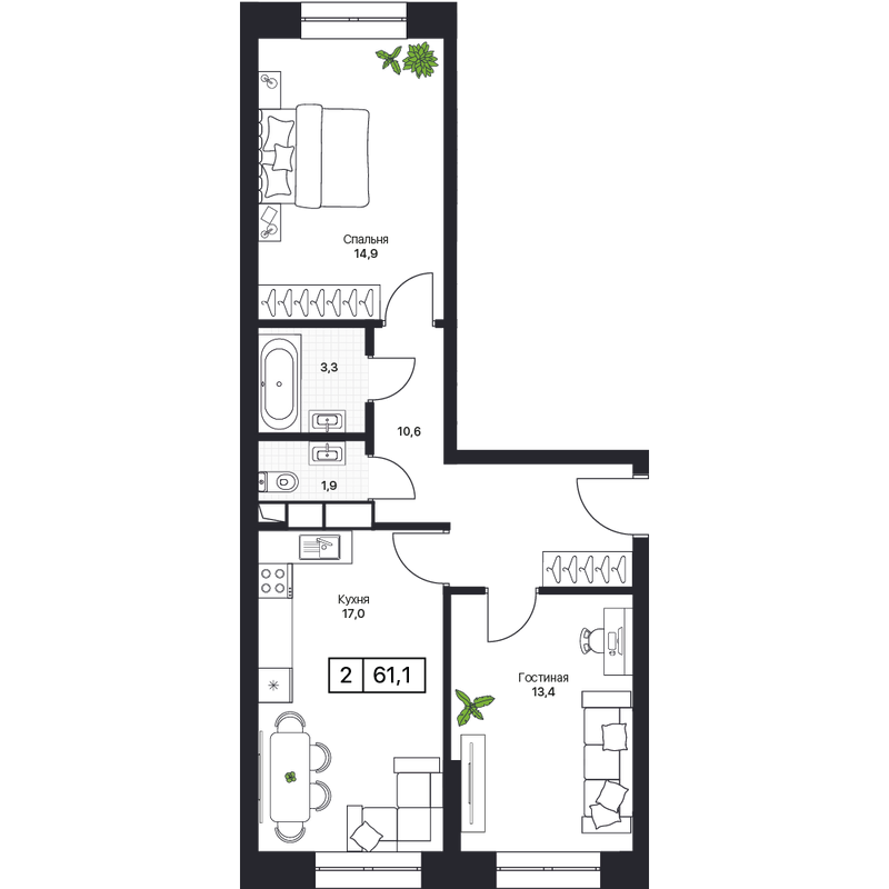 3 ккв (Евро) 61,1 м²