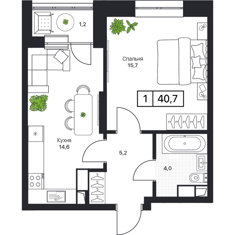 1 ккв 40,7 м²