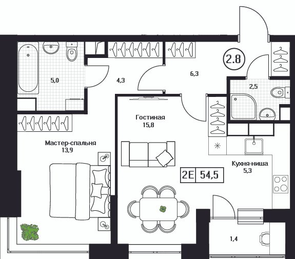 2 ккв (Евро) 54,5 м²