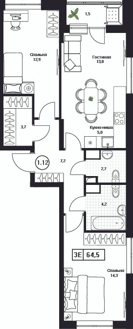 3 ккв (Евро) 64,5 м²