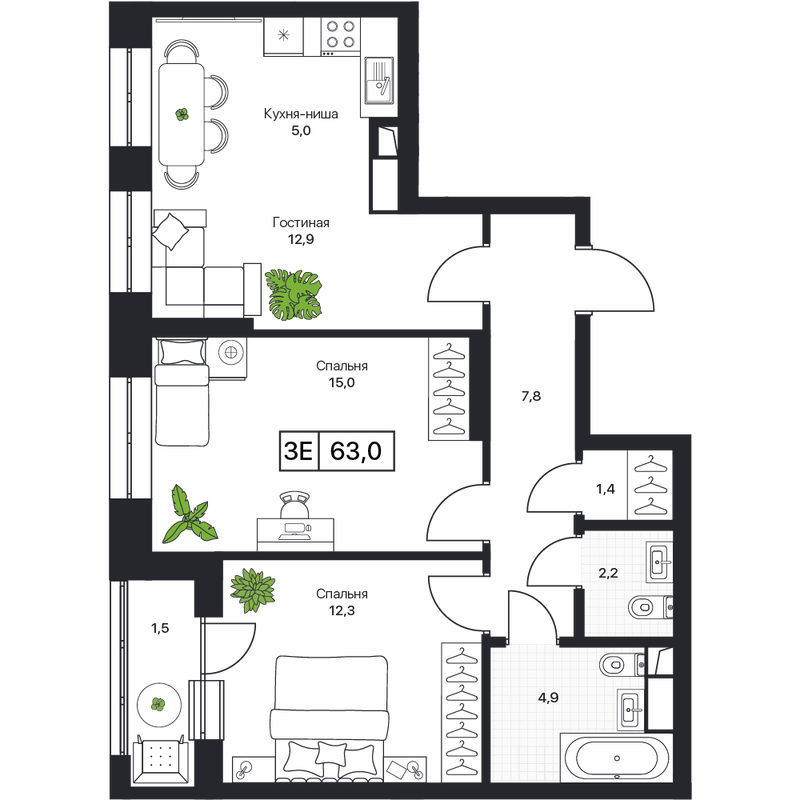 3 ккв (Евро) 63,4 м²