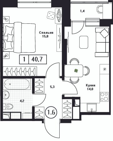 1 ккв 40,7 м²