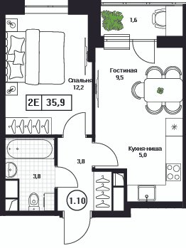 2 ккв (Евро) 35,9 м²