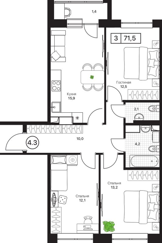 4 ккв (Евро) 71,5 м²