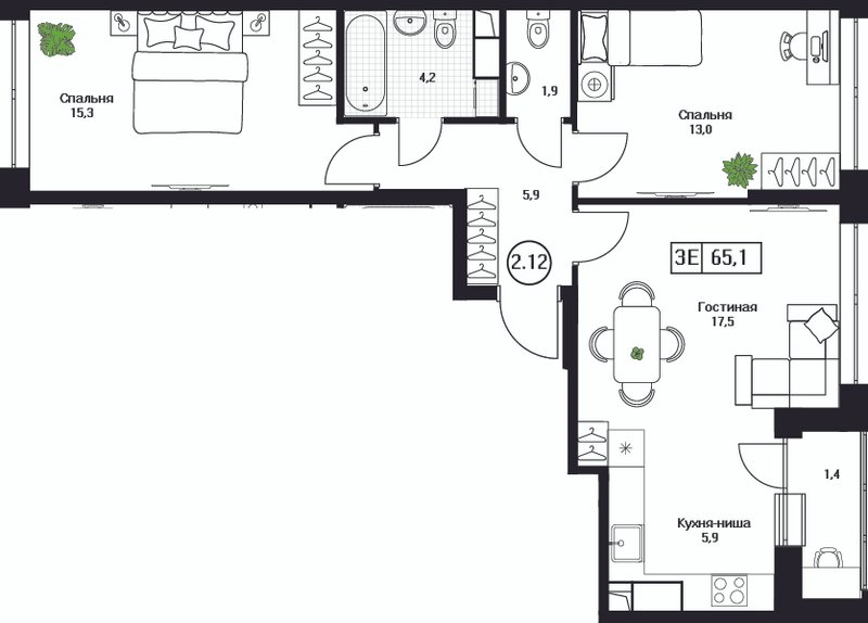 3 ккв (Евро) 65,1 м²