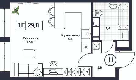 Студия 29,8 м²