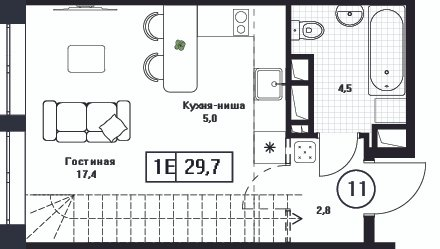 Студия 29,7 м²