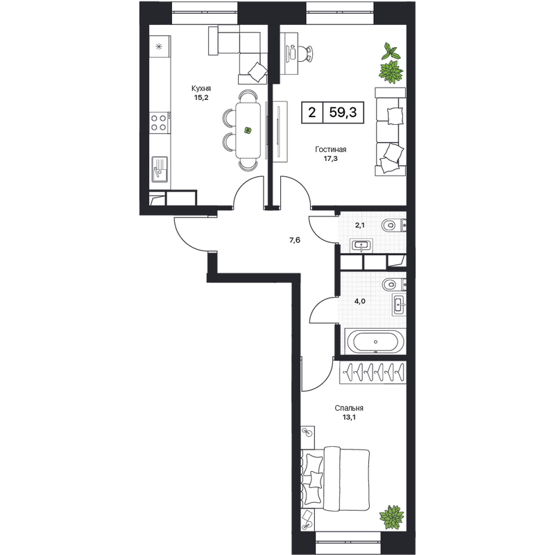 3 ккв (Евро) 59,9 м²