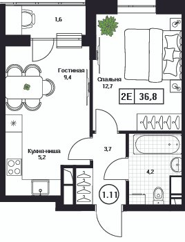 1 ккв 36,9 м²