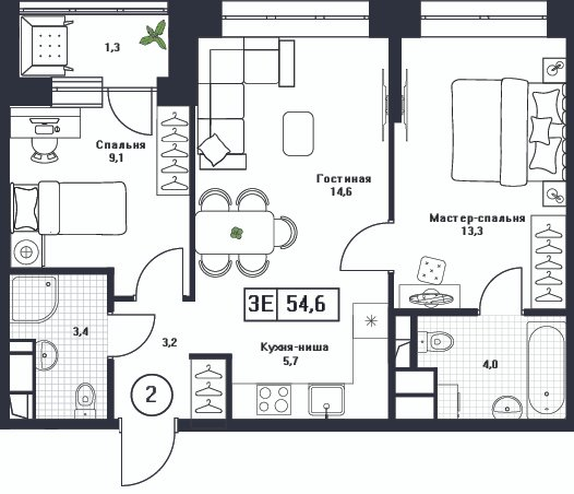 3 ккв (Евро) 54,6 м²