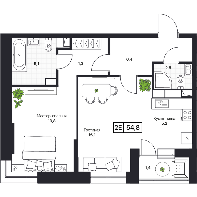2 ккв (Евро) 55,2 м²
