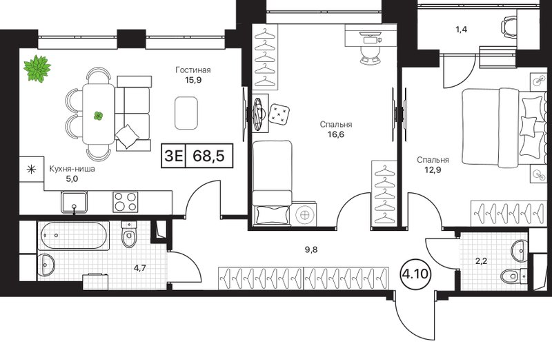3 ккв (Евро) 68,5 м²
