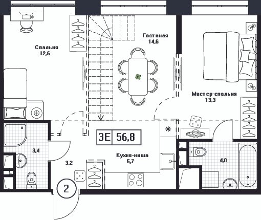 3 ккв (Евро) 56,8 м²