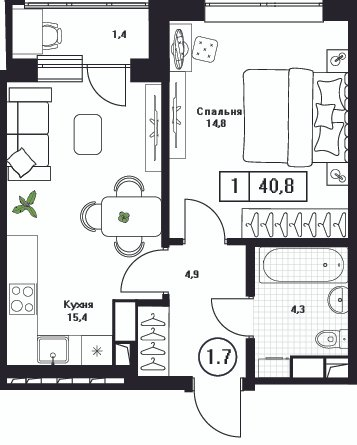 2 ккв (Евро) 40,8 м²