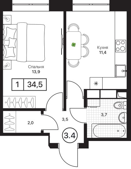 1 ккв 34,5 м²