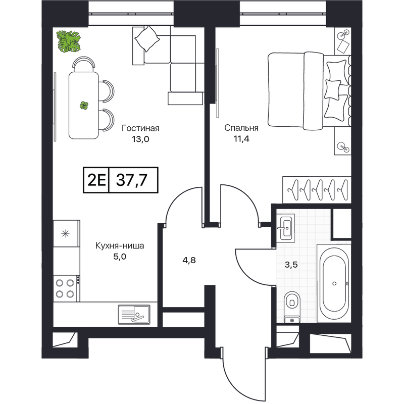 2 ккв (Евро) 38,6 м²
