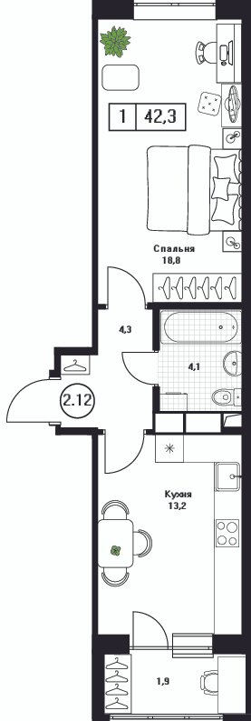 1 ккв 42,3 м²