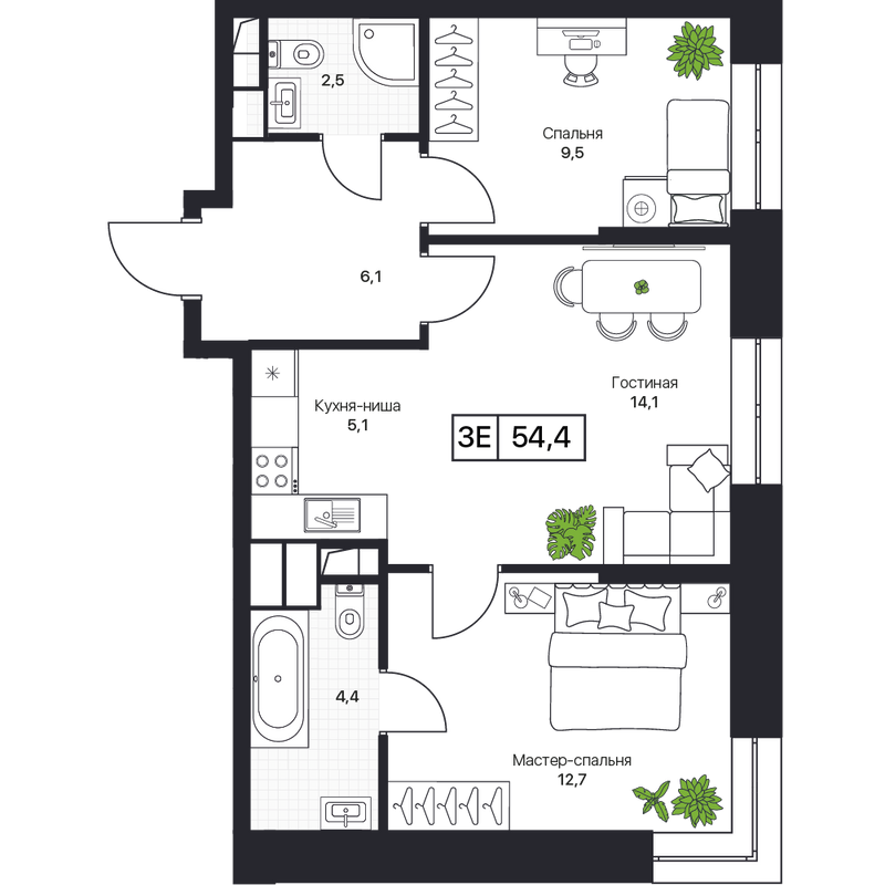 3 ккв (Евро) 54,3 м²