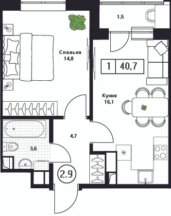 2 ккв (Евро) 40,7 м²