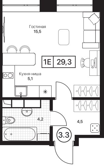 Студия 29,3 м²