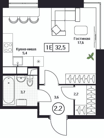 Студия 32,5 м²