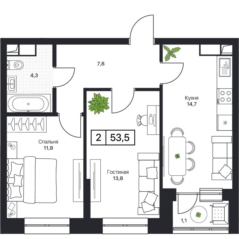 2 ккв 53,5 м²