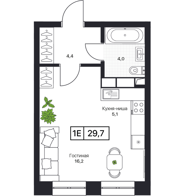 Студия 29,7 м²
