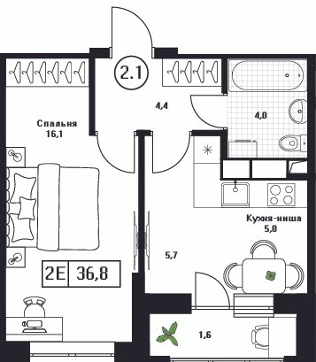 1 ккв 36,8 м²