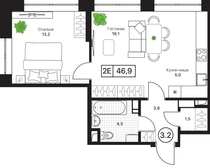 2 ккв (Евро) 46,9 м²