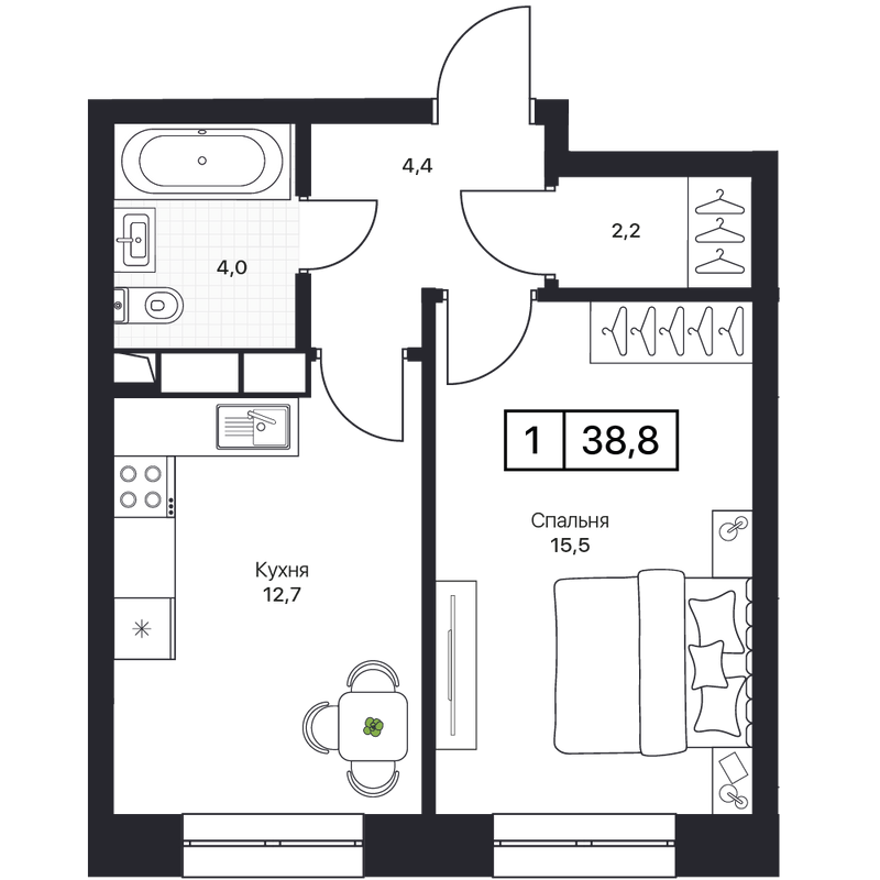 1 ккв 38,8 м²
