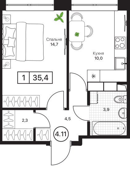 1 ккв 35,4 м²
