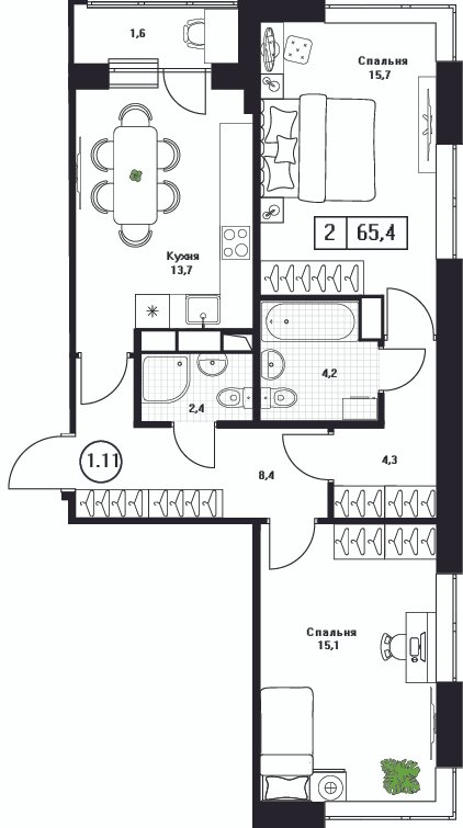 2 ккв 65,4 м²