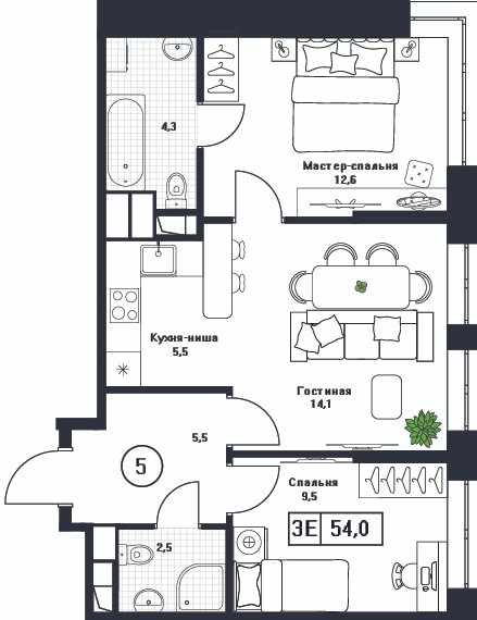 3 ккв (Евро) 54 м²