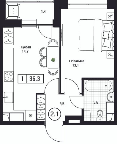 1 ккв 36,3 м²