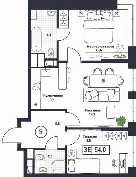 3 ккв (Евро) 54 м²