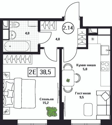 1 ккв 38,5 м²