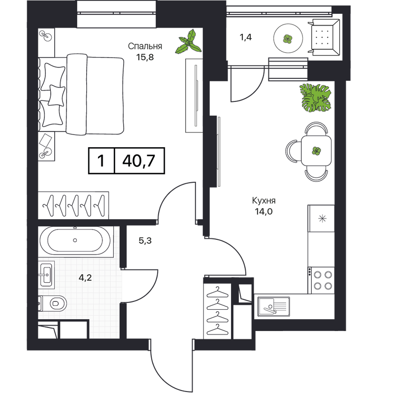 1 ккв 40,7 м²