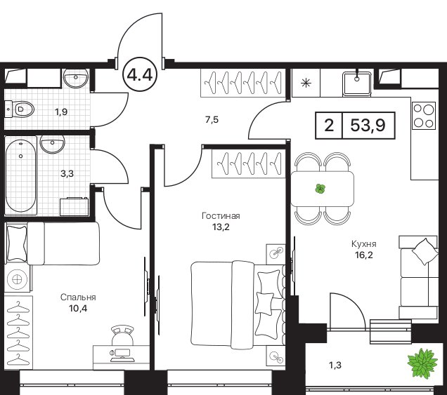 3 ккв (Евро) 53,9 м²