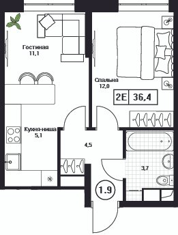2 ккв (Евро) 36,4 м²