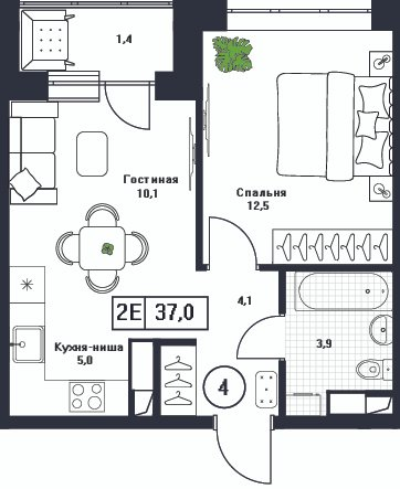 2 ккв (Евро) 37 м²