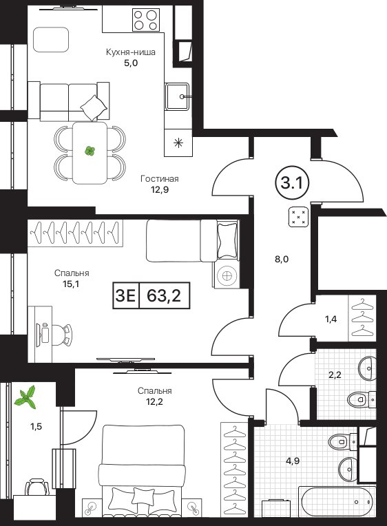 3 ккв (Евро) 63,2 м²