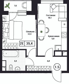 2 ккв (Евро) 39,4 м²