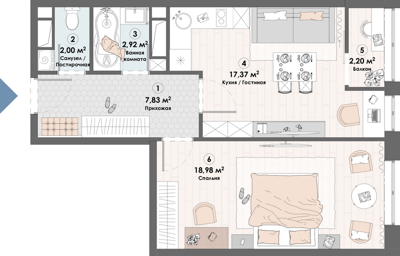 2 ккв (Евро) 51,3 м²