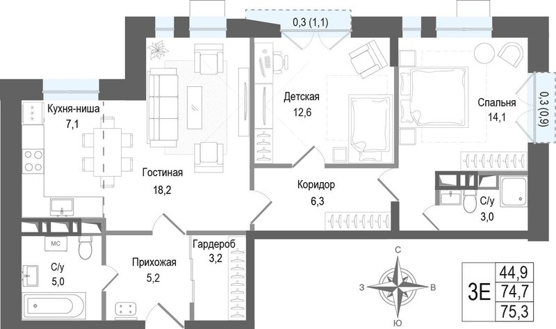 3 ккв (Евро) 74,7 м²