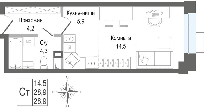 Студия 28,9 м²