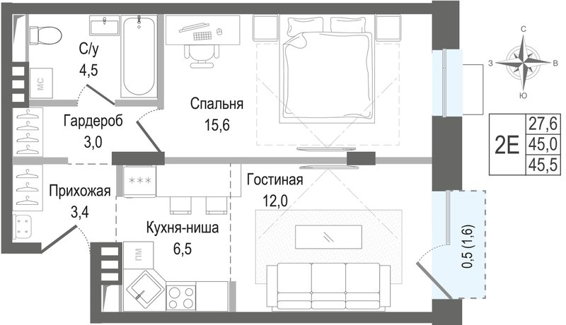 2 ккв (Евро) 45 м²