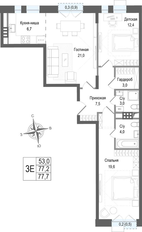 3 ккв (Евро) 77,2 м²