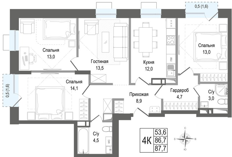 4 ккв 86,7 м²